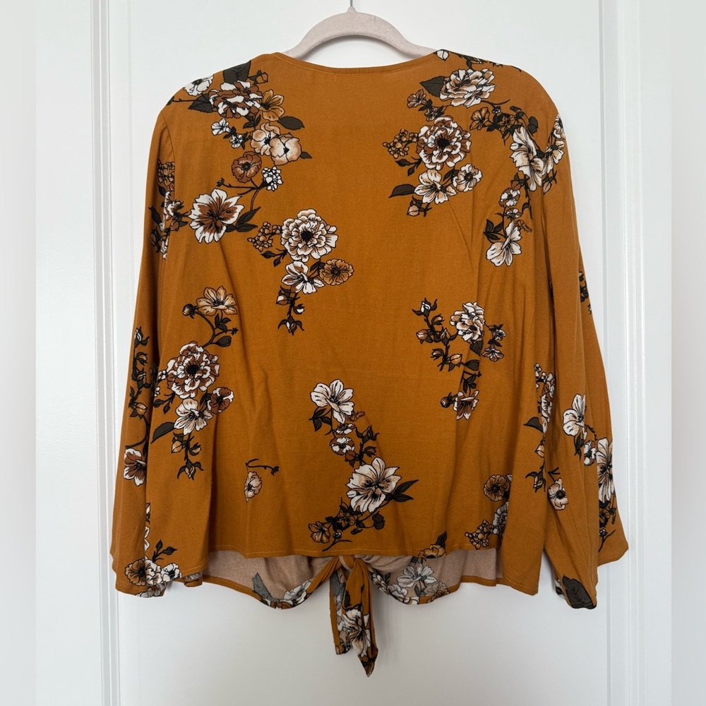 Elegant Floral Tie-Front Blouse - Mustard - Picture 3 of 4